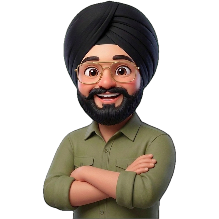 Mandeep Singh, drawn in the same style as Sukhi and Jazz, smiling with his arms folded