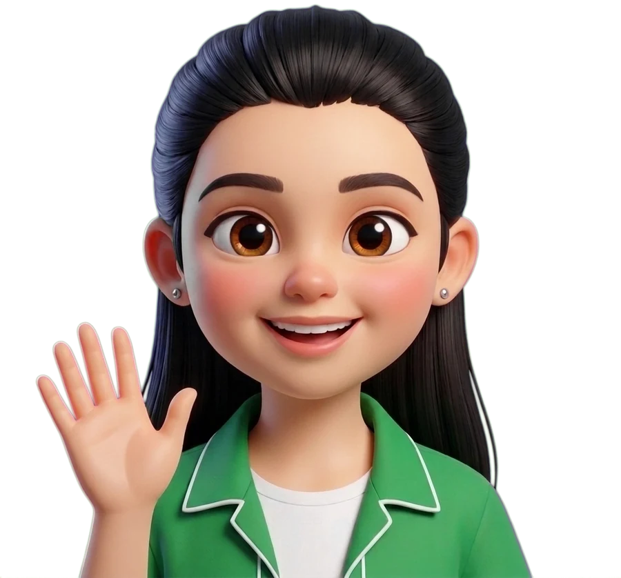 Jazz's character, a girl with long dark hair in a green shirt, waving