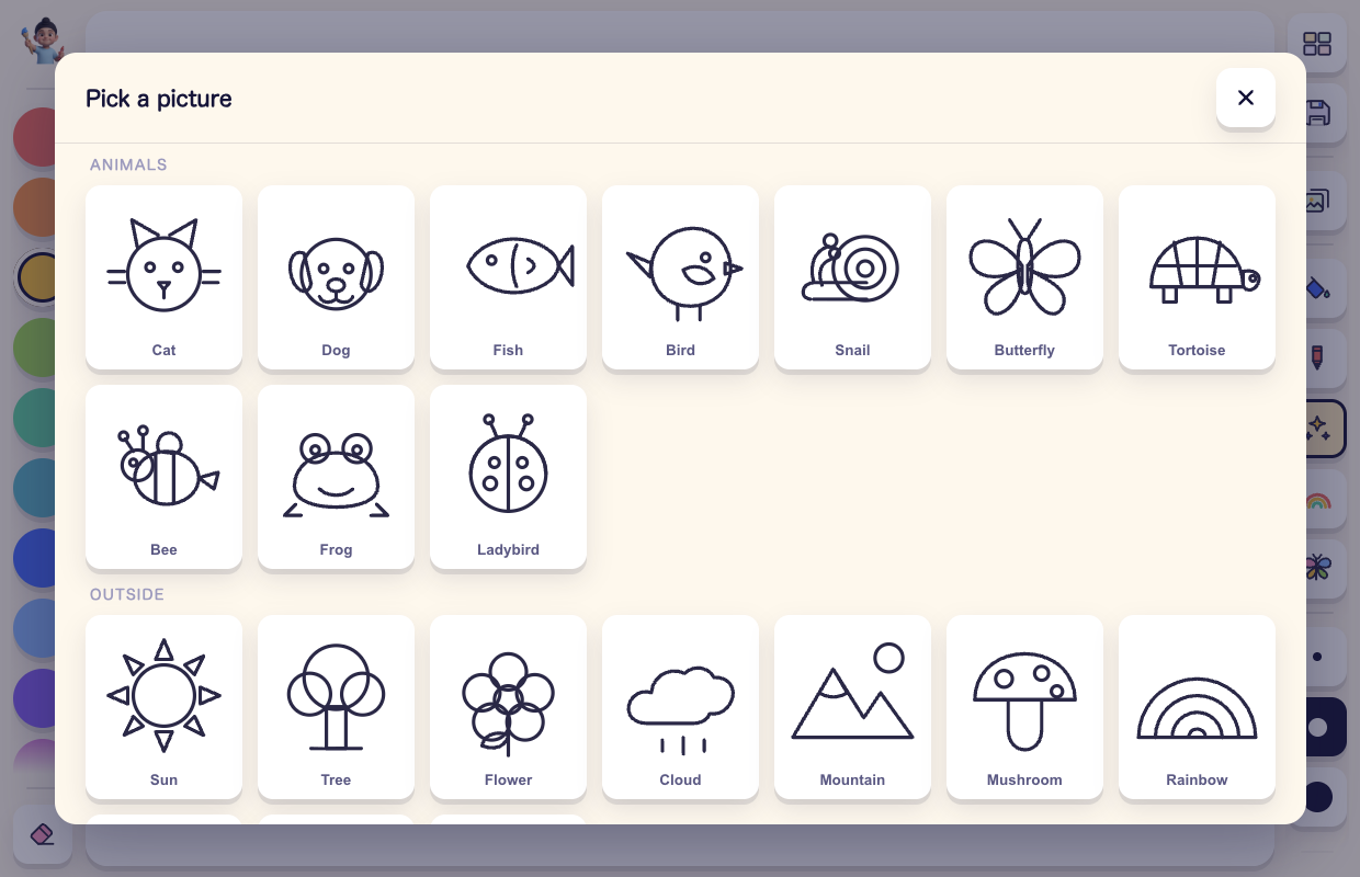 The picture chooser, a grid of animals, vehicles and other drawings