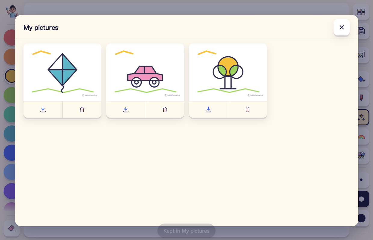 Three saved pictures, a kite, a car and a tree, each with a download and a delete button