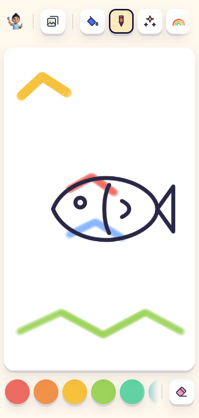 Sukhi Colouring on a phone: tools along the top, the picture in the middle, colours along the bottom