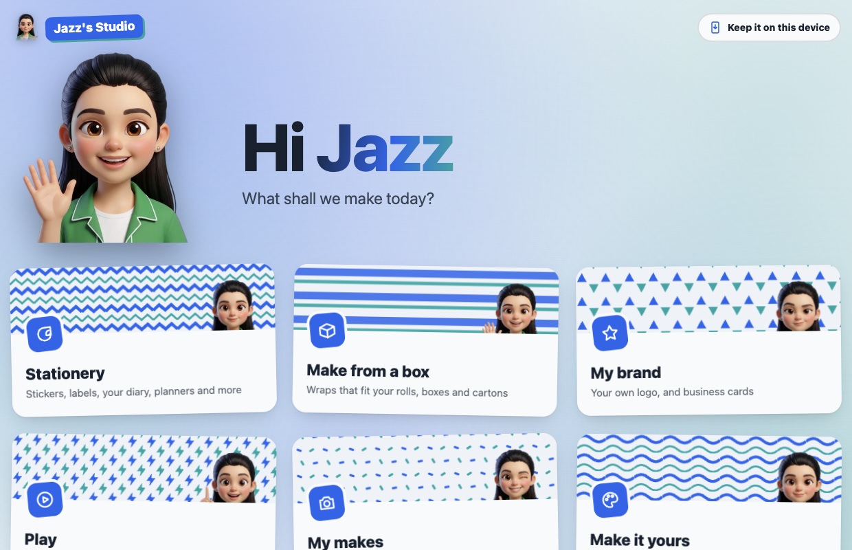 Jazz's character waving next to the words Hi Jazz, above six tiles: Stationery, Make from a box, My brand, Play, My makes and Make it yours