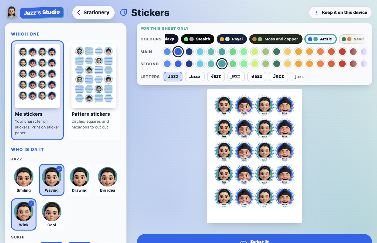 Me stickers of Jazz and Sukhi in turn, each with their name underneath, and the Who is on it picker