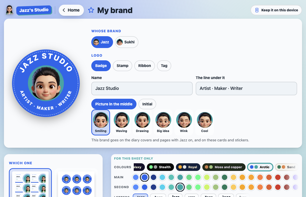 My brand: choosing whose brand, a round badge logo reading Jazz Studio, and a sheet of business cards