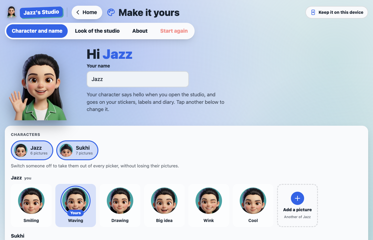Character and name: Jazz and Sukhi switched on at the top, and Jazz's pictures with an Add a picture tile