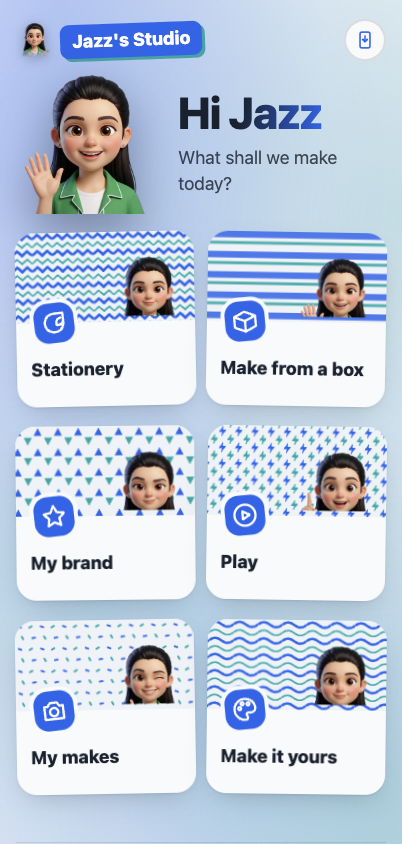 Jazz's Studio on a phone: the greeting at the top and the six rooms as tiles below