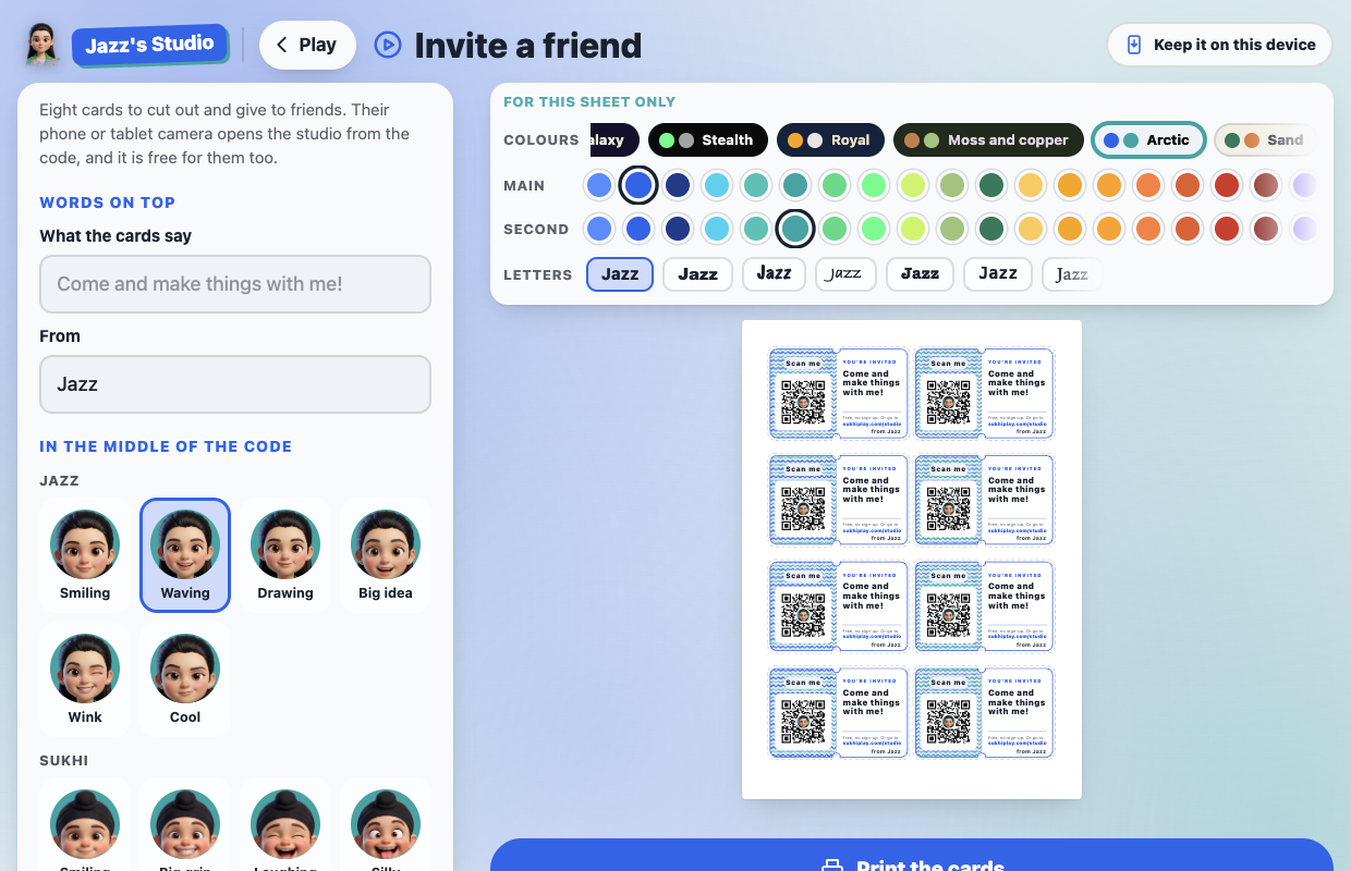 Invite a friend: a sheet of ticket-shaped cards, each with a QR code and You're invited