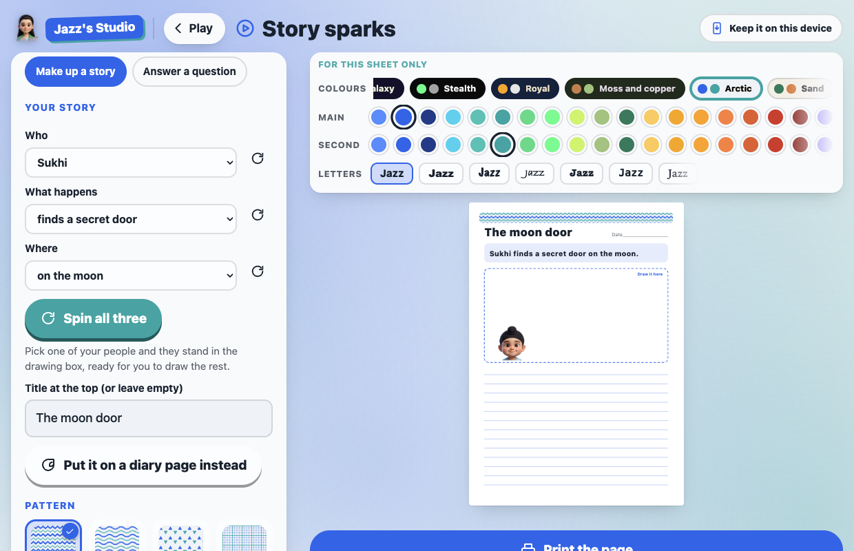 Story sparks: Sukhi finds a secret door on the moon, with the story page ready to print